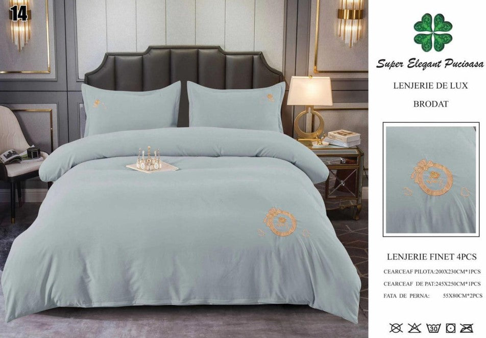 Lenjerie Luxury din Finet Superior, 4 Piese, cu Broderie, Mint Grey-SEP10684