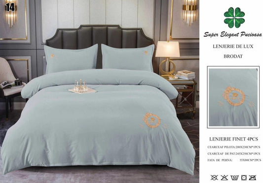 Lenjerie Luxury din Finet Superior, 4 Piese, cu Broderie, Mint Grey-SEP10684