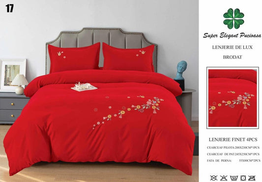 Lenjerie Luxury din Finet Superior, 4 Piese, cu Broderie, Rosu-SEP10680