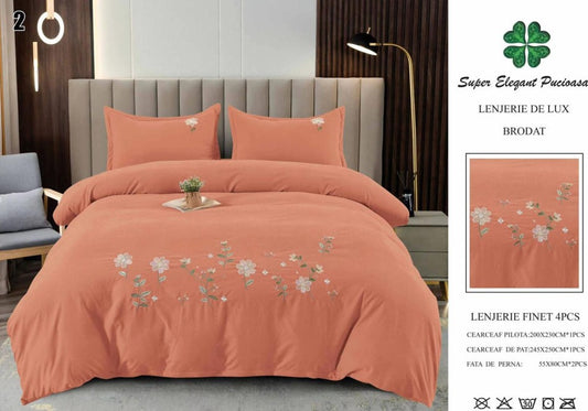 Lenjerie Luxury din Finet Superior, 4 Piese, cu Broderie, Portocaliu-SEP10672