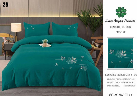 Lenjerie Luxury din Finet Superior, 4 Piese, cu Broderie, Verde Petrol-SEP10690