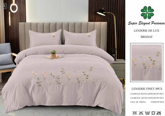 Lenjerie Luxury din Finet Superior, 4 Piese, cu Broderie, Gri-Mauve-SEP10673