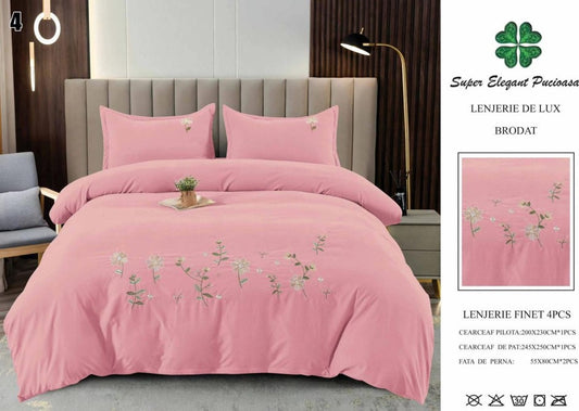 Lenjerie Luxury din Finet Superior, 4 Piese, cu Broderie, Roz-SEP10674