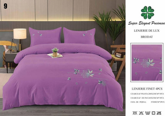 Lenjerie Luxury din Finet Superior, 4 Piese, cu Broderie, Mov-SEP10678