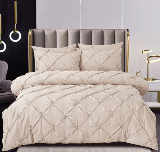 Lenjerie Bumbac Finetat Premium, Soft Touch, 6 Piese, cu Pliuri Brodate, Bej-SEP10670