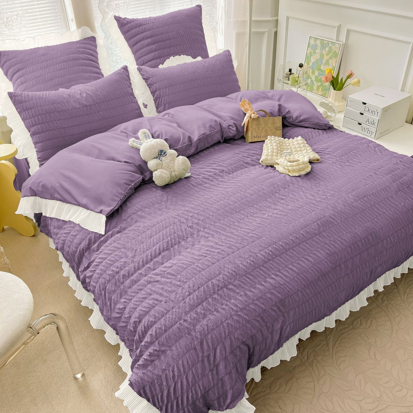 Lenjerie de Pat 6 Piese, Creponata, cu Volanase, Mov