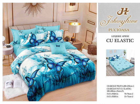 Lenjerie de Pat Finet 6 Piese cu Elastic, Fluturi-H7626