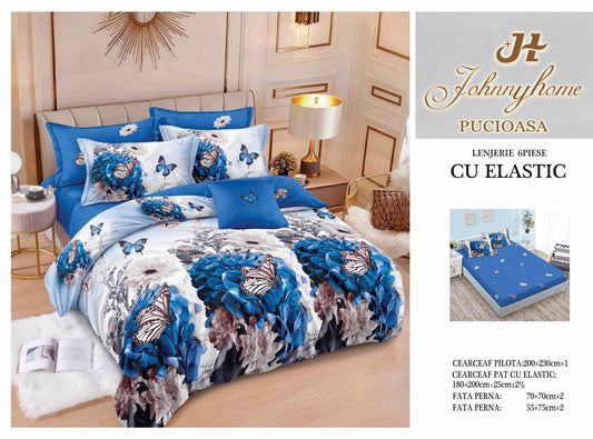 Lenjerie de Pat Finet 6 Piese cu Elastic, Flori/Fluturi-H7629