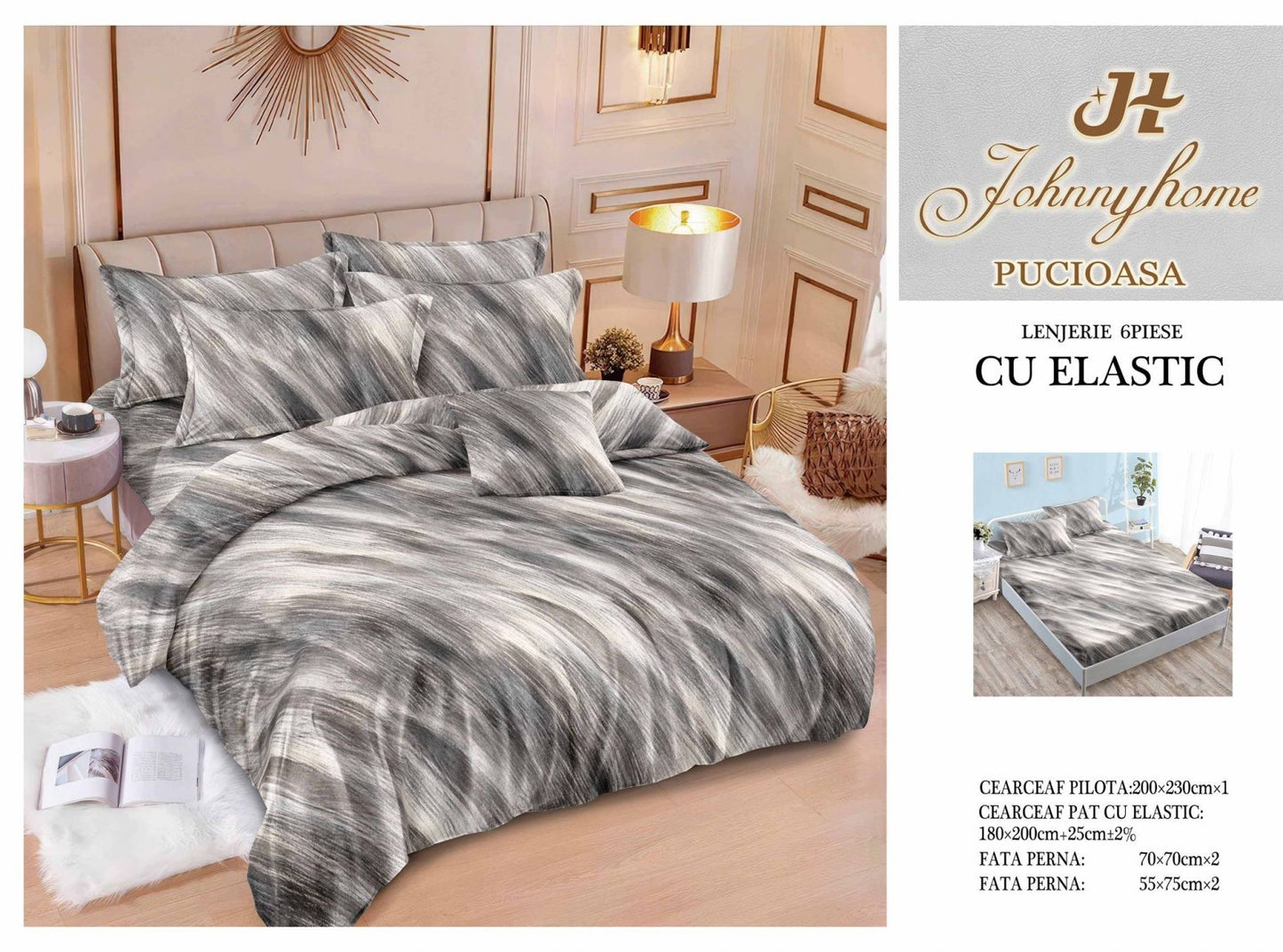 Lenjerie de Pat Finet 6 Piese cu Elastic, Gri-H7627