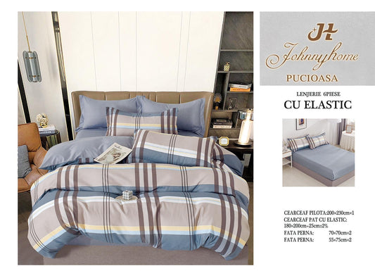 Lenjerie de Pat Finet 6 Piese cu Elastic, Dungi Maro-H6161