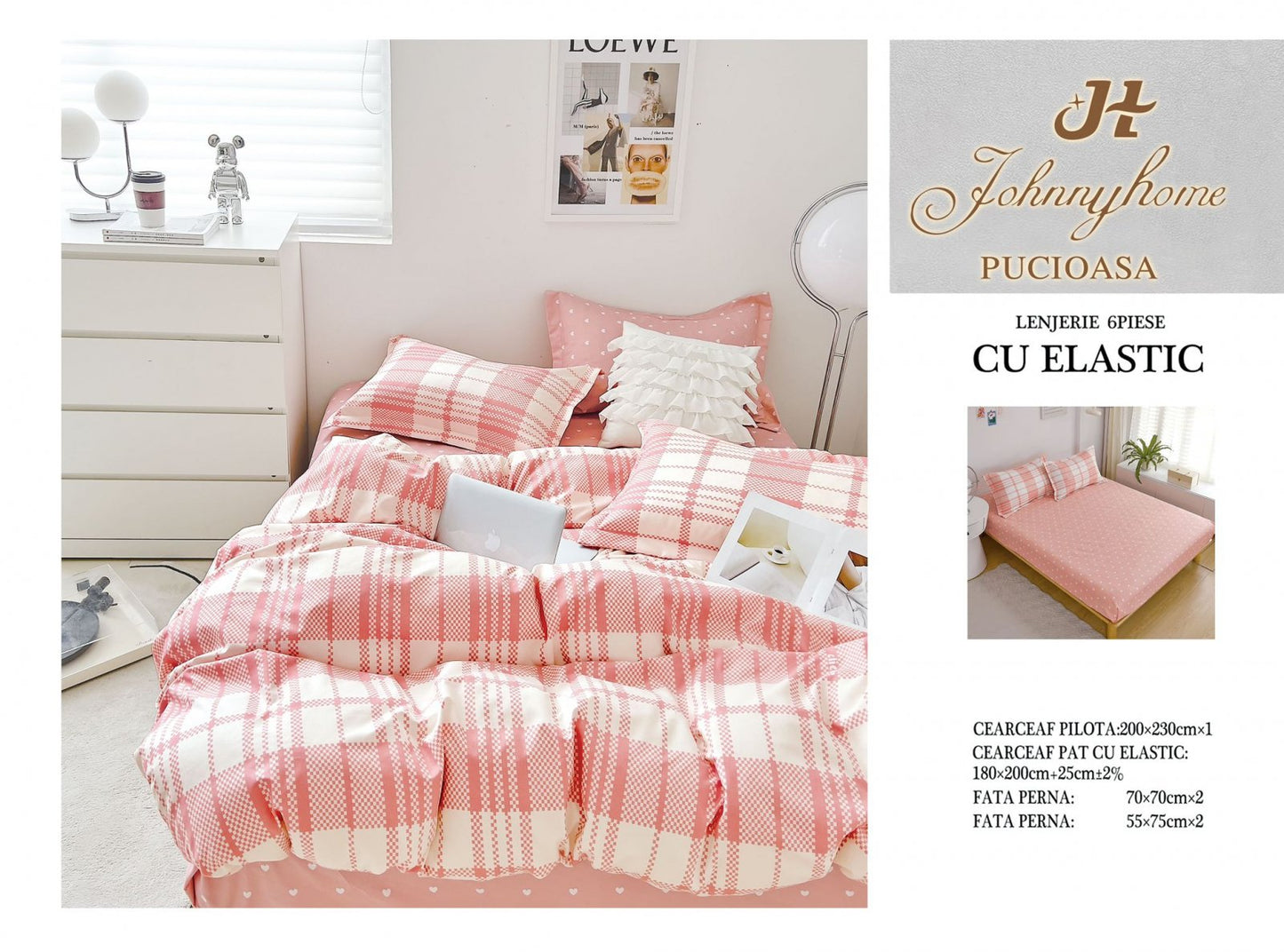 Lenjerie de Pat Finet 6 Piese cu Elastic, Roz/Carouri-H6148