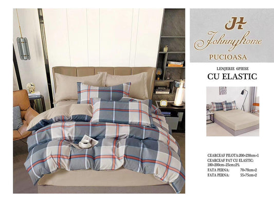 Lenjerie de Pat Finet 6 Piese cu Elastic, Carouri-H6170