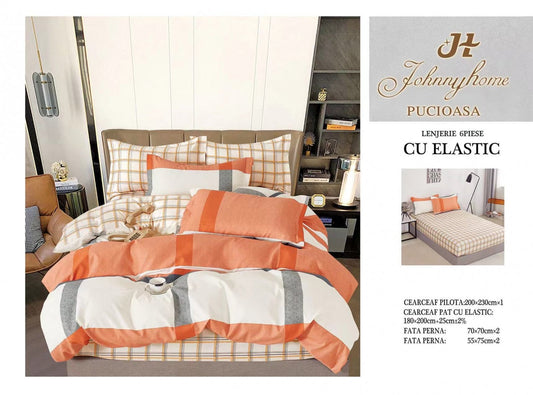 Lenjerie de Pat Finet 6 Piese cu Elastic, Portocaliu-H6080