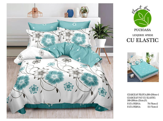 Lenjerie de Pat Finet 6 Piese cu Elastic, Flori-H6086