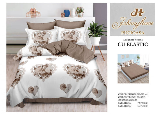 Lenjerie de Pat Finet 6 Piese cu Elastic, Trandafiri/Inimi-H6084
