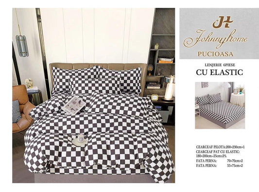 Lenjerie de Pat Finet 6 Piese cu Elastic, Patratele Negre/Albe-H6082
