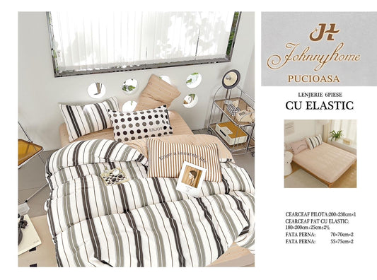 Lenjerie de Pat Finet 6 Piese cu Elastic, Bej/Dungi-H6142