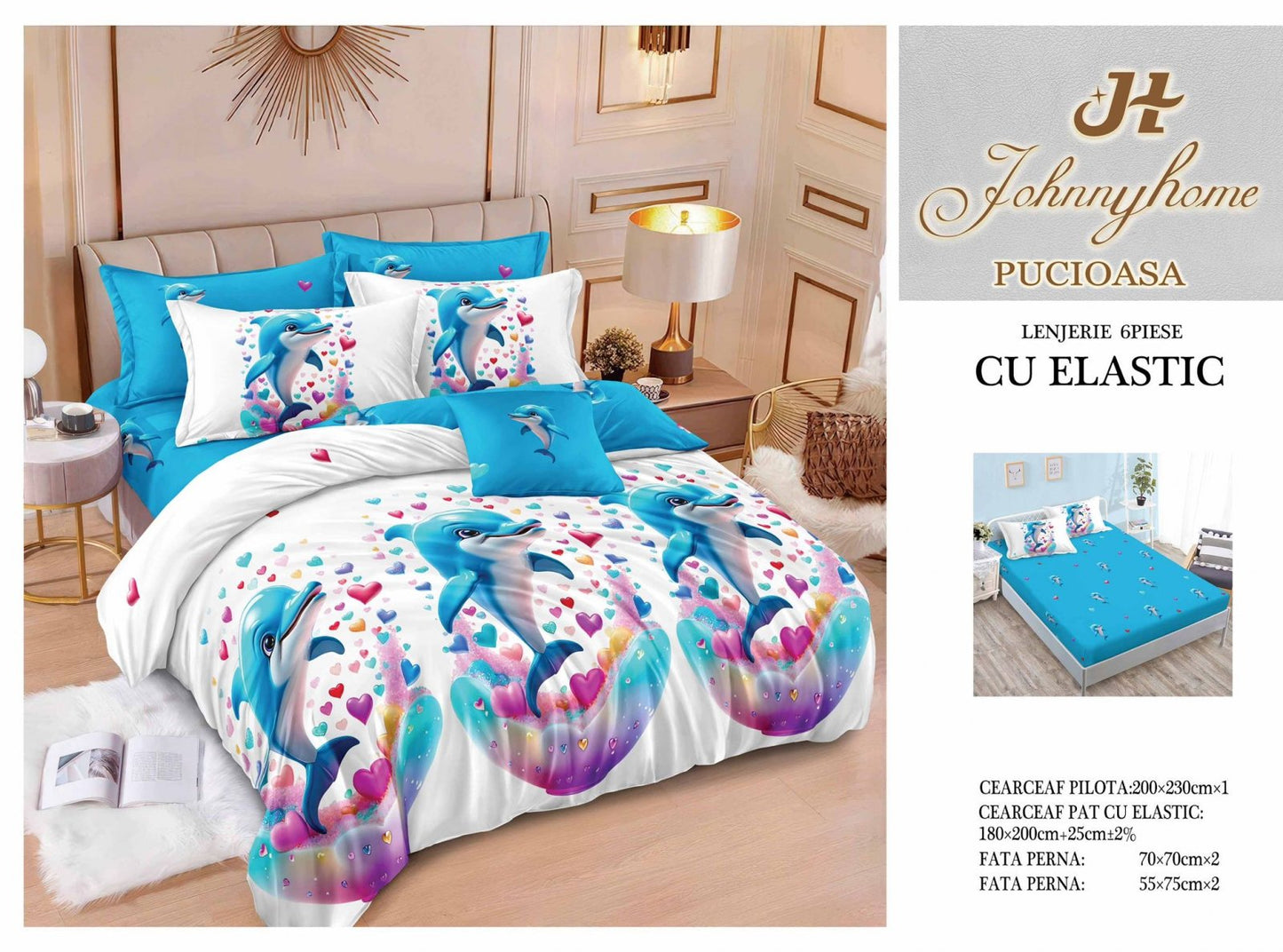 Lenjerie de Pat Finet 6 Piese cu Elastic, Delfini/Inimioare-H7633