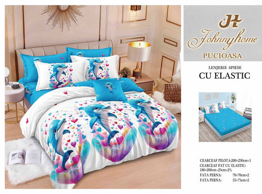 Lenjerie de Pat Finet 6 Piese cu Elastic, Delfini/Inimioare-H7633