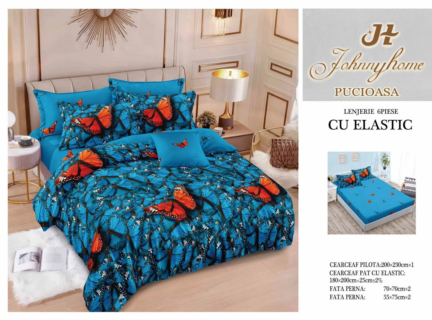 Lenjerie de Pat Finet 6 Piese cu Elastic, Fluturi-H7634