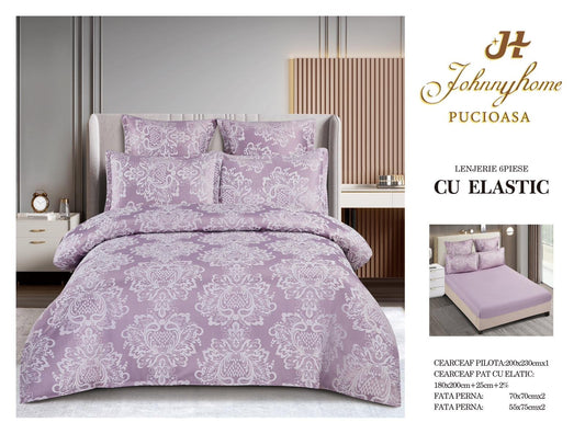 Lenjerie de pat Jacquard Brodat, 6 Piese, cu Elastic, Lila
