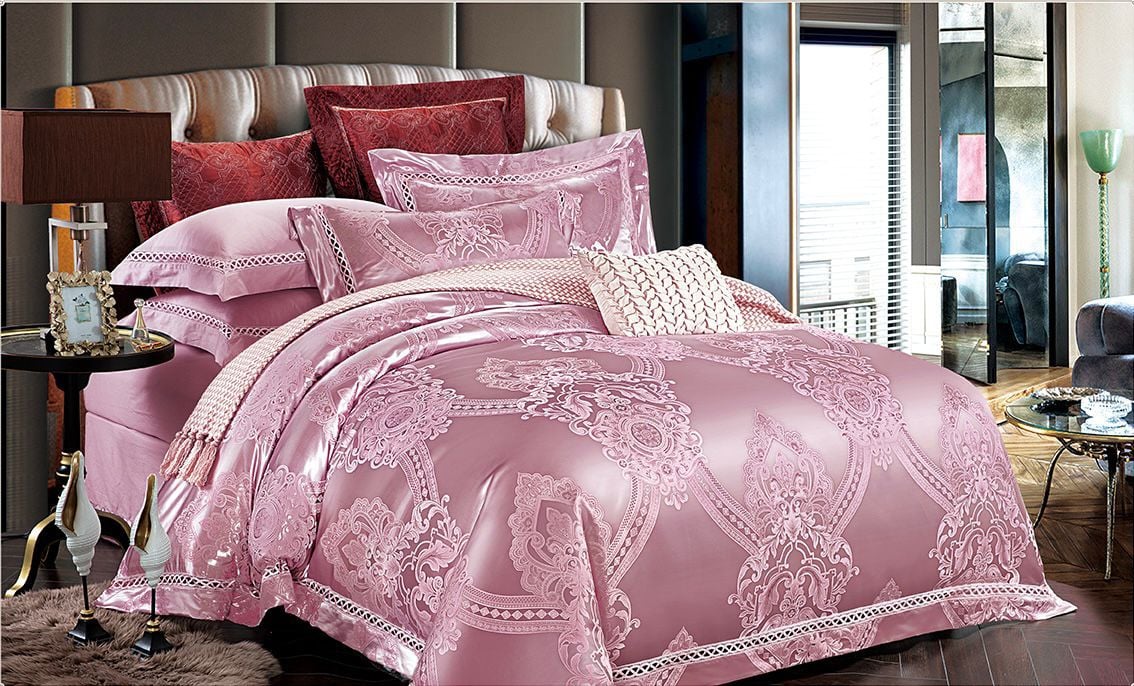 Lenjerie de pat Jacquard Satinat Premium, 6 Piese, Roz Inchis/Model Regal-V6448