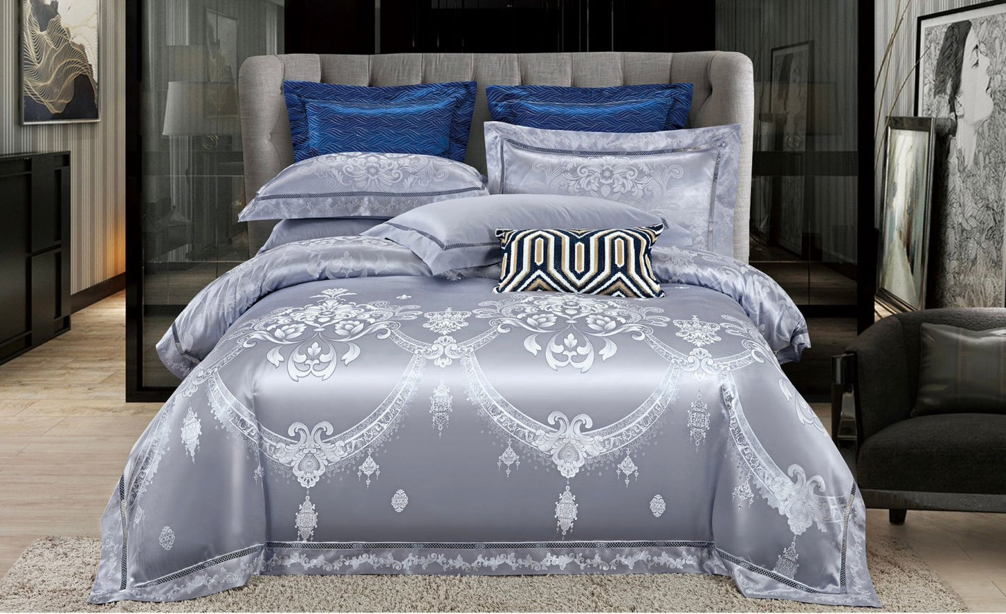 Lenjerie de pat Jacquard Satinat Premium, 6 Piese, Model Regal-V6450