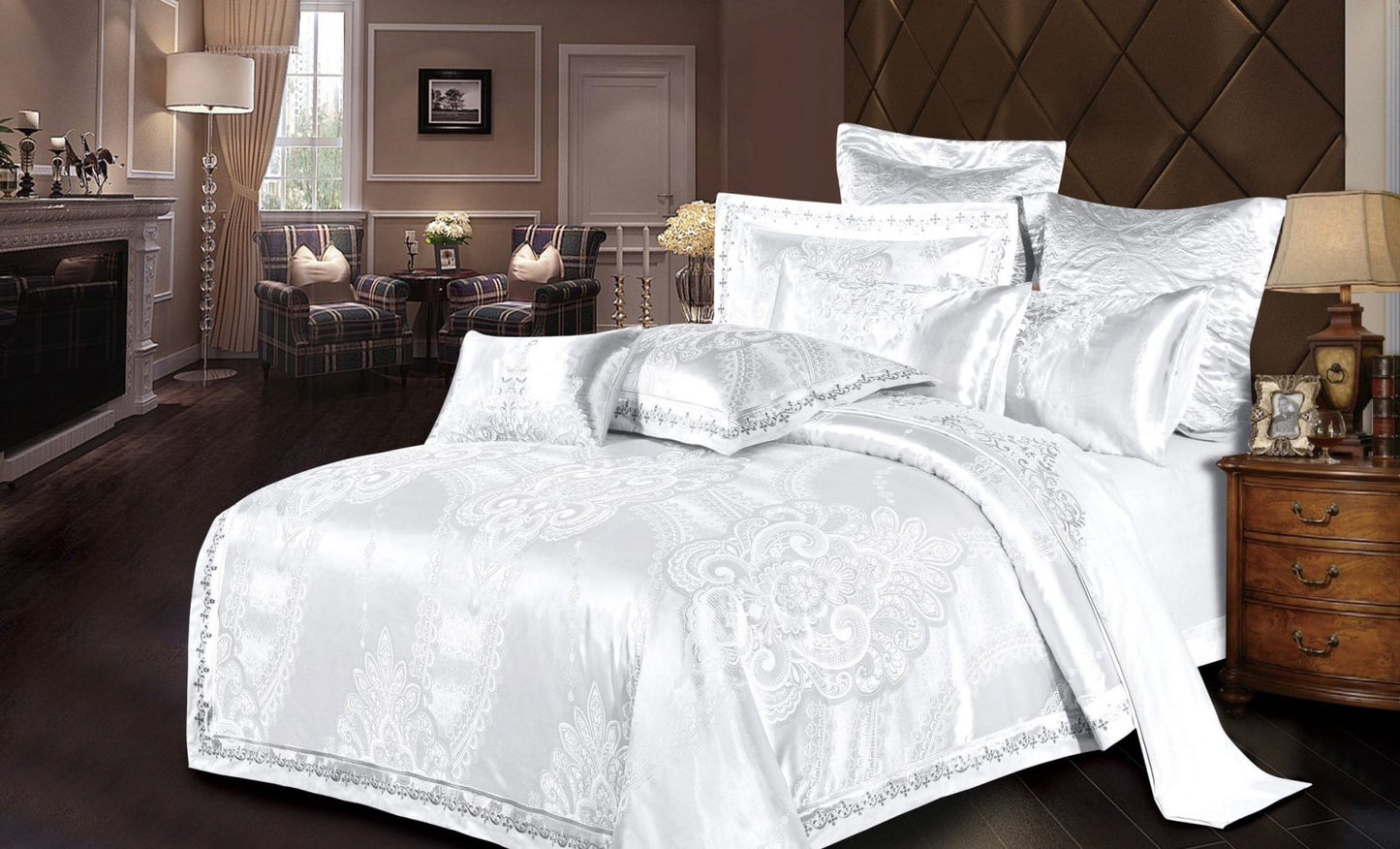 Lenjerie de pat Jacquard Satinat Premium, 6 Piese, Alb/Model Regal-V6451