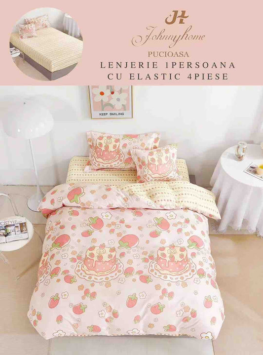 Lenjerie Finet 4 Piese 1 Persoana, cu Elastic, Tort/Capsune-H7412