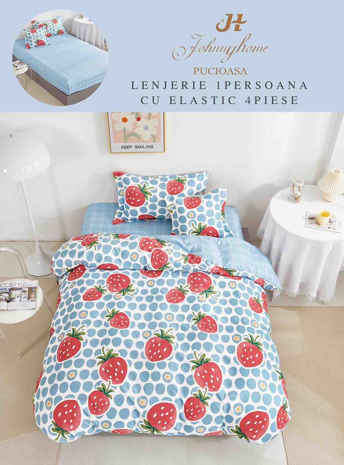 Lenjerie Finet 4 Piese 1 Persoana, cu Elastic, Capsune-H7414