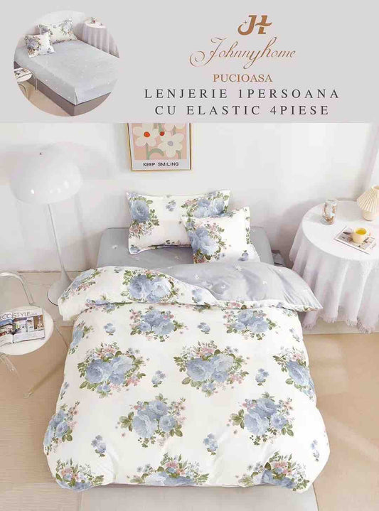 Lenjerie Finet 4 Piese 1 Persoana, cu Elastic, Crem/Flori-H7405