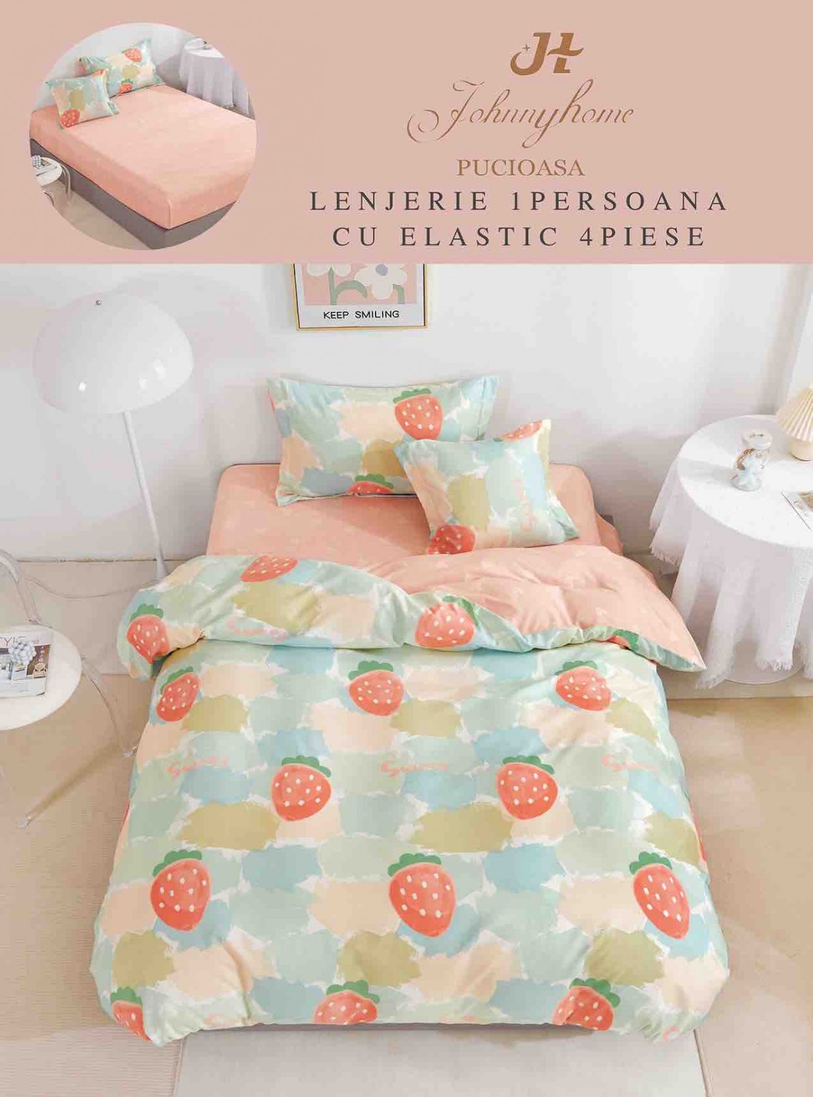 Lenjerie Finet 4 Piese 1 Persoana, cu Elastic, Capsune-H7407