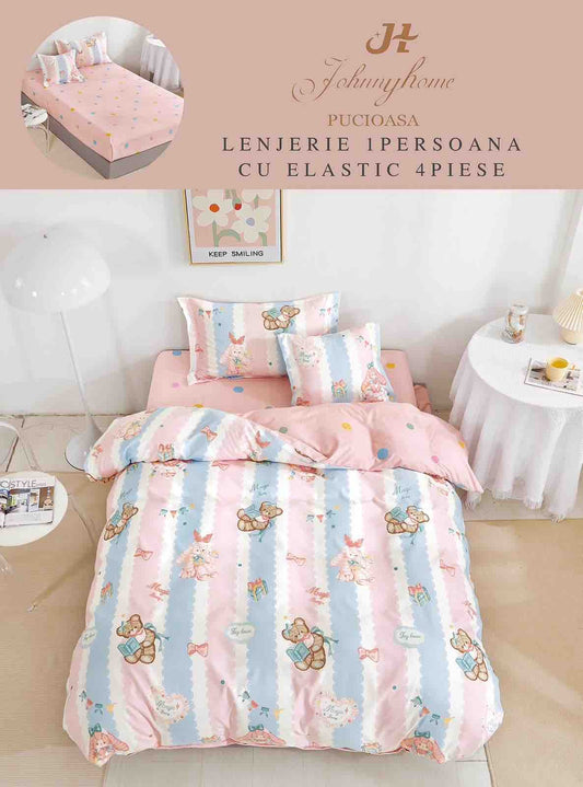 Lenjerie Finet 4 Piese 1 Persoana, cu Elastic, Roz/Bleu/Ursuleti-H7410