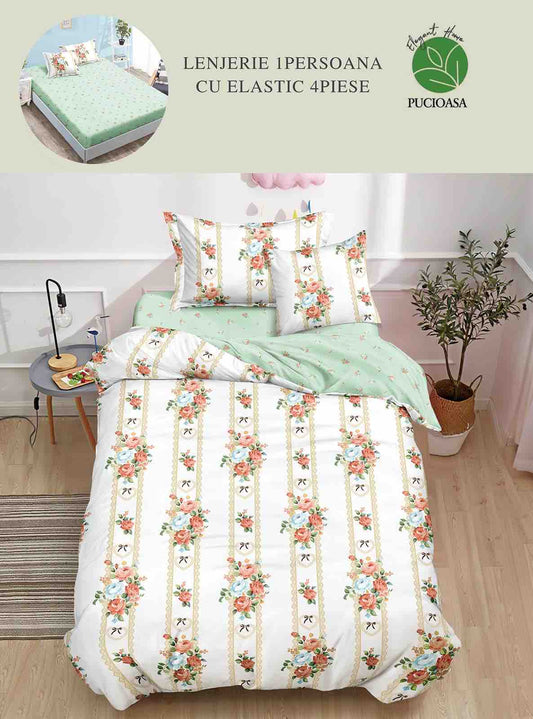 Lenjerie Finet 4 Piese 1 Persoana, cu Elastic, Floricele-H7397