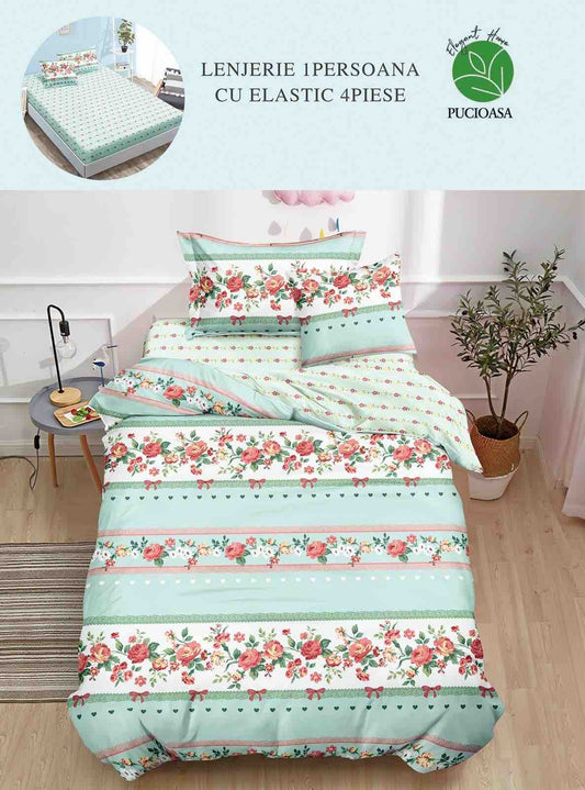 Lenjerie Finet 4 Piese 1 Persoana, cu Elastic, Floricele/Fundite-H7394