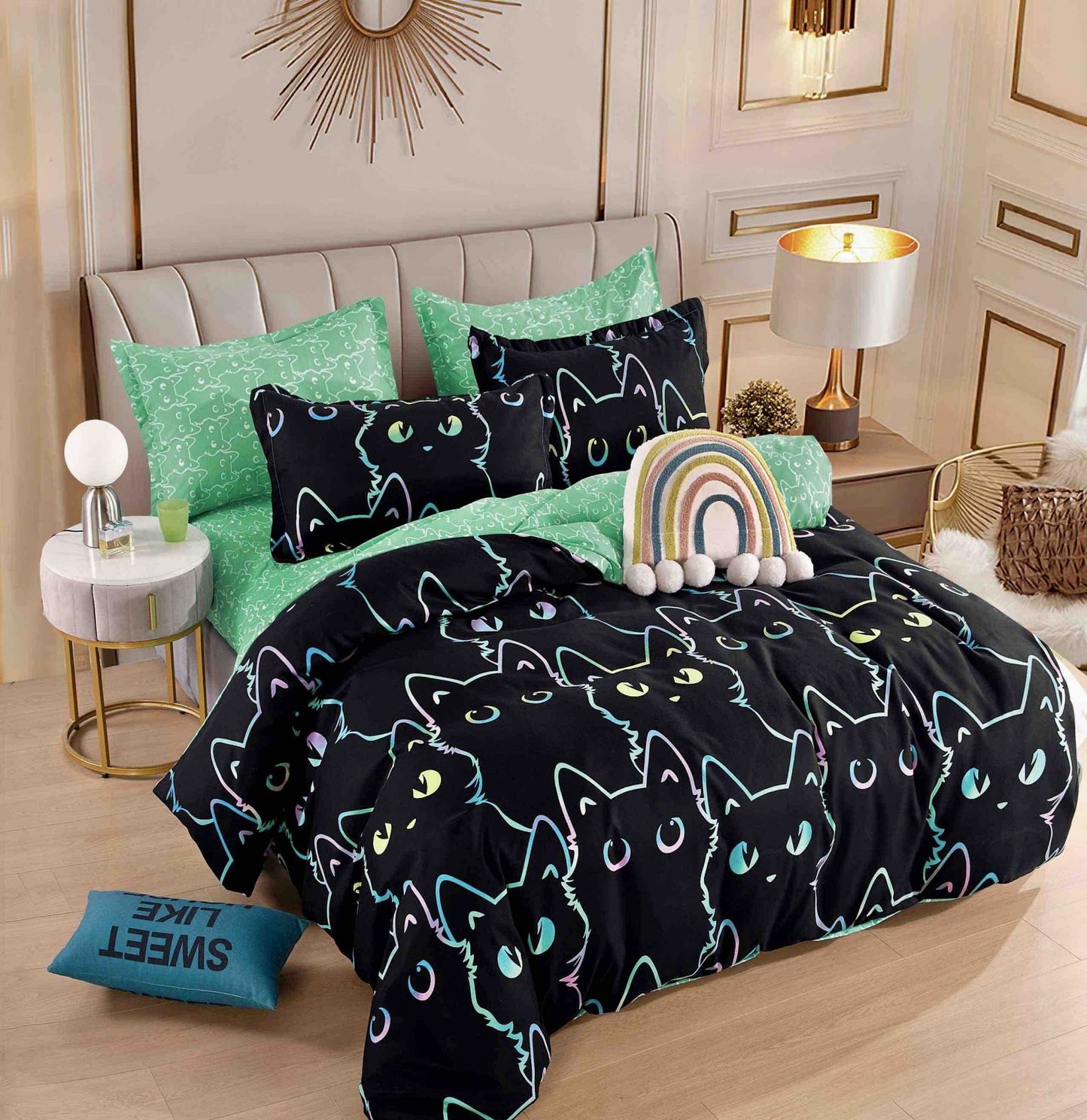 Lenjerie Finet 4 Piese 1 Persoana, Negru/Pisicute-C7648