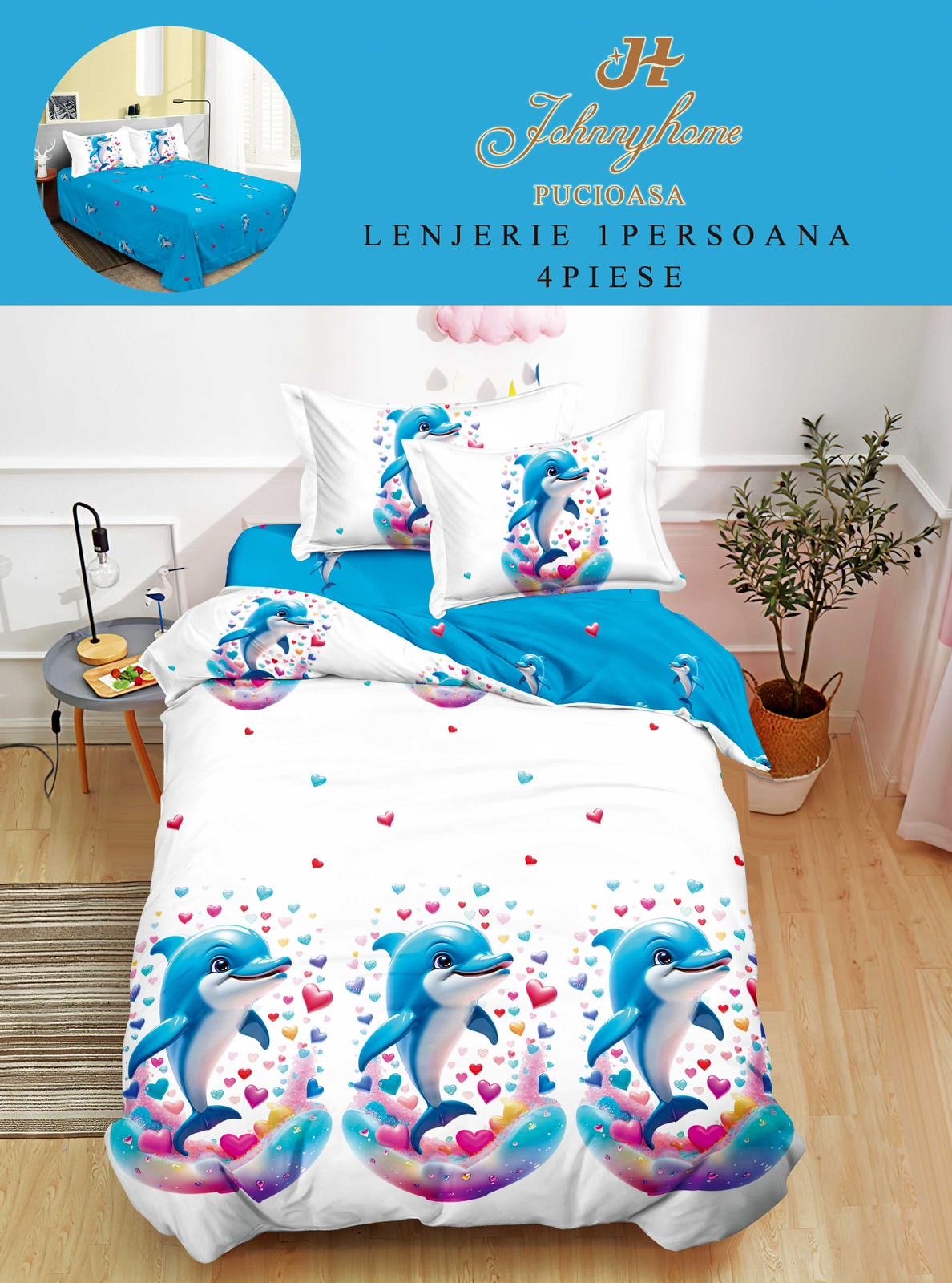 Lenjerie Finet 4 Piese 1 Persoana, Delfini/Inimioare-H7711