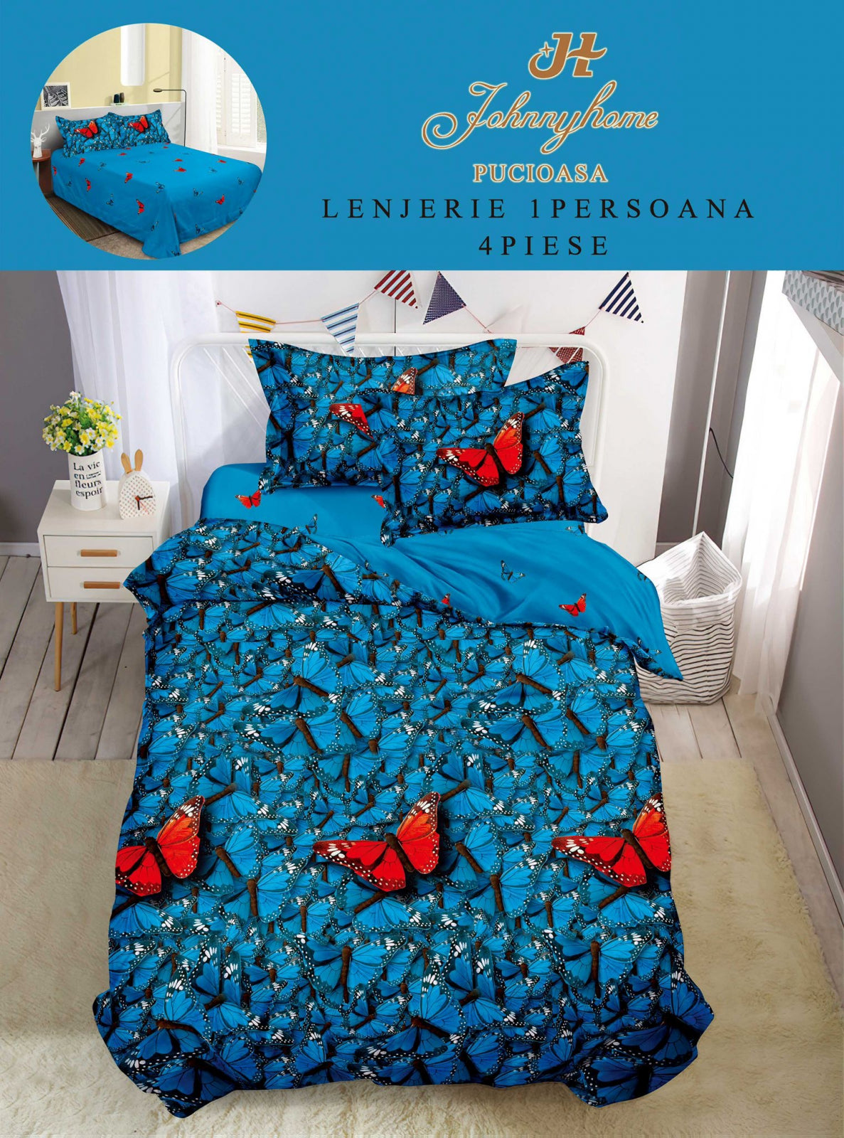 Lenjerie Finet 4 Piese 1 Persoana, Fluturi-H7701
