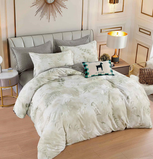 Lenjerie Pat Dublu din Finet 6 Piese, cu Elastic, Gri/Crem/Frunze-C6381