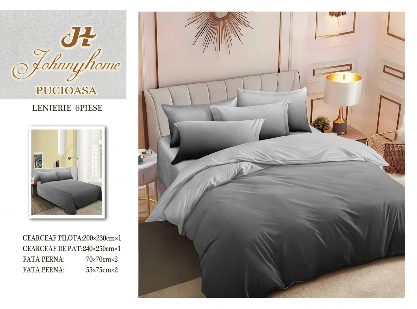 Lenjerie Pat Dublu din Finet, 6 Piese, Gri Degrade-H7550