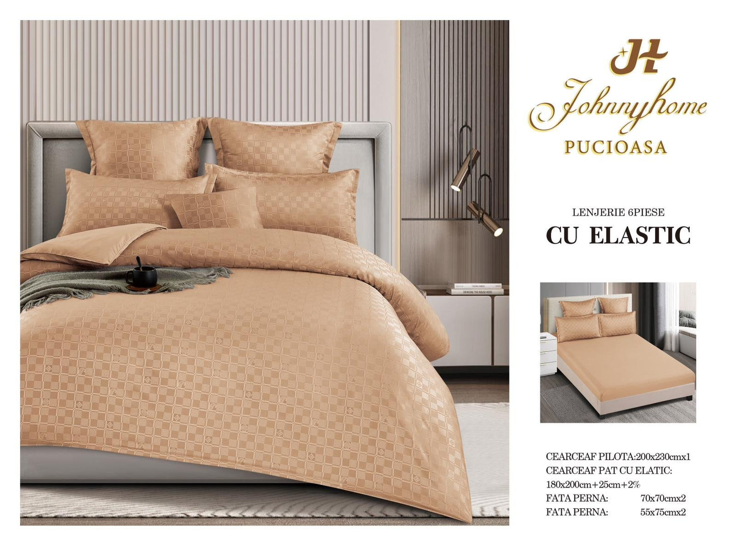 Lenjerie Finet 6 Piese cu Elastic, Model Carouri, Bej-H5486