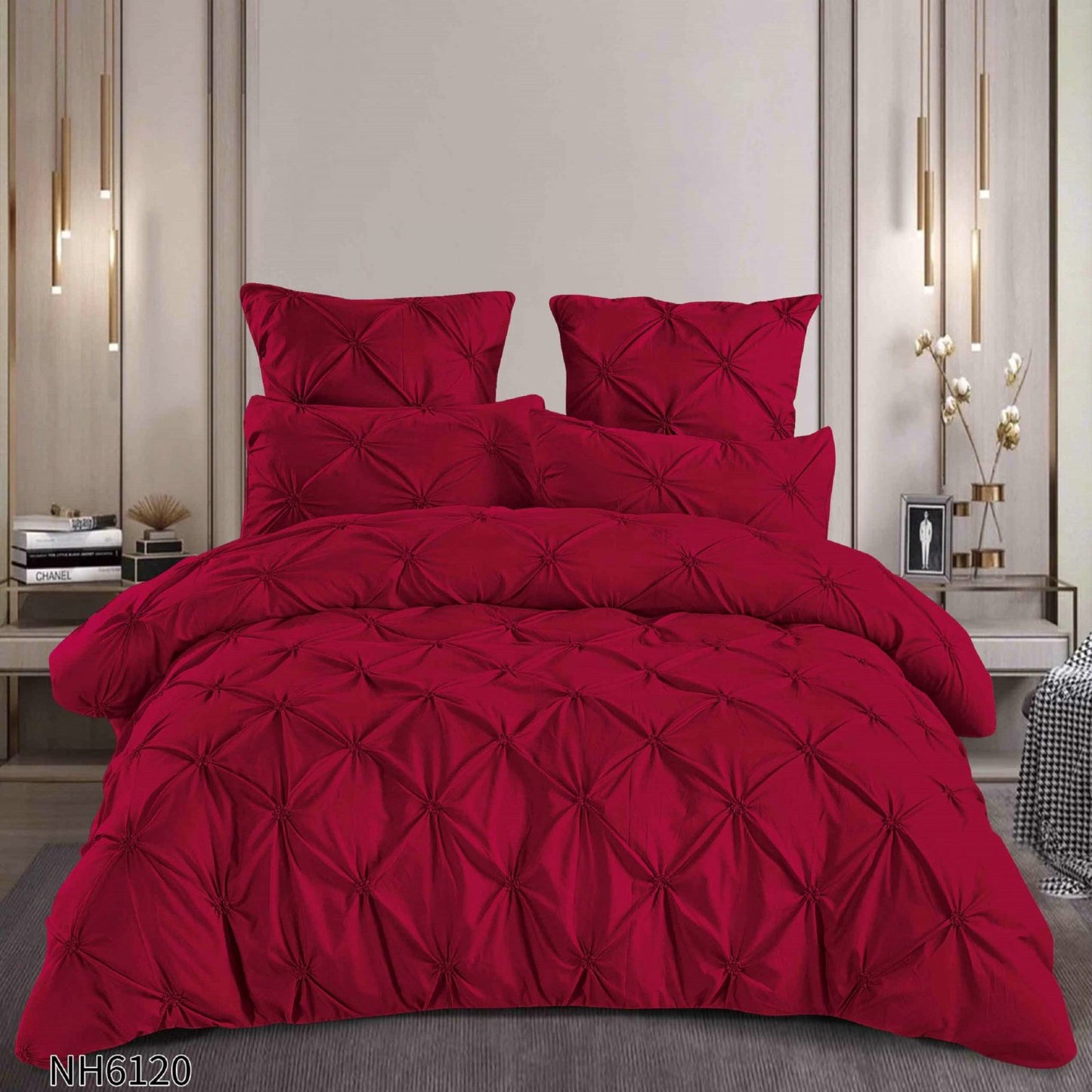 Lenjerie Finet Premium Soft Touch, 6 Piese, cu Elastic si Pliuri Brodate, Grena-P8051