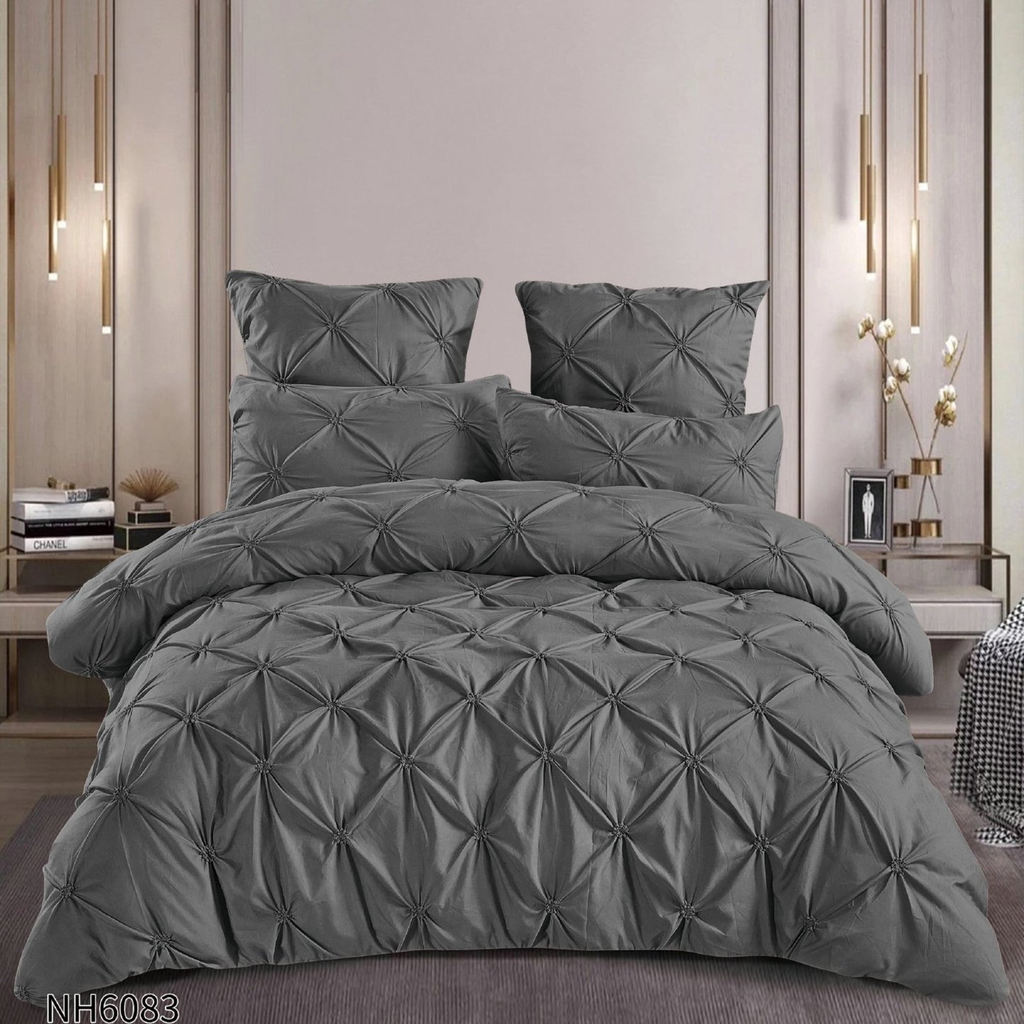 Lenjerie Finet Premium Soft Touch, 6 Piese, cu Elastic si Pliuri Brodate, Gri Inchis-P8047