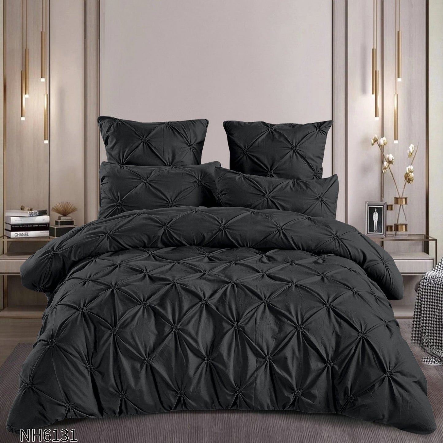 Lenjerie Finet Premium Soft Touch, 6 Piese, cu Elastic si Pliuri Brodate, Negru-P8054