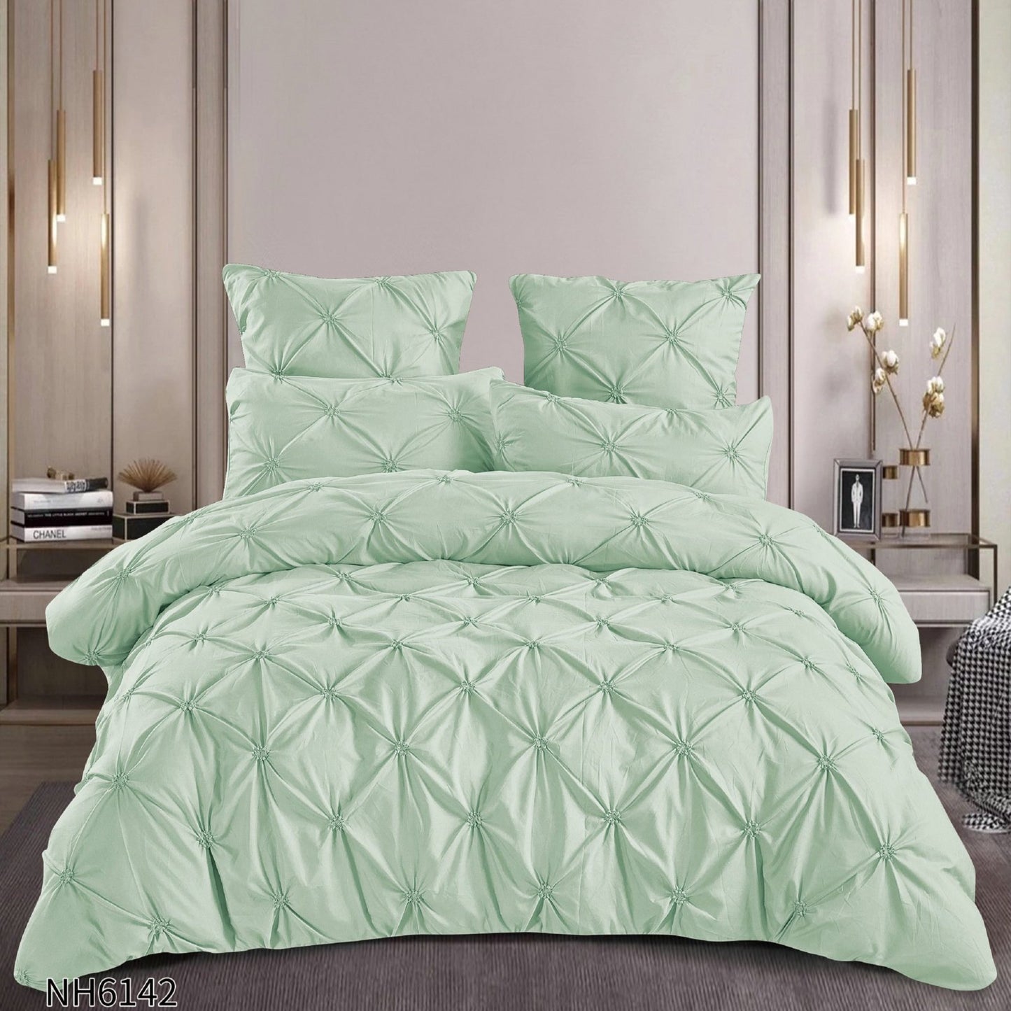 Lenjerie Finet Premium Soft Touch, 6 Piese, cu Elastic si Pliuri Brodate, Verde Deschis-P8055