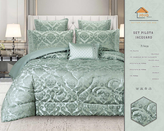 Lenjerie Jacquard Luxury cu Pilota Inclusa, Cearceaf pat cu Elastic, 7 piese, Verde