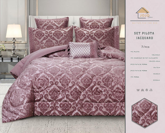 Lenjerie Jacquard Luxury cu Pilota Inclusa, Cearceaf pat cu Elastic, 7 piese, Roz Inchis