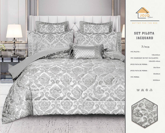 Lenjerie Jacquard Luxury cu Pilota Inclusa, Cearceaf pat cu Elastic, 7 piese, Gri