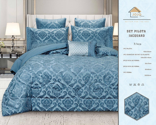 Lenjerie Jacquard Luxury cu Pilota Inclusa, Cearceaf pat cu Elastic, 7 piese, Albastru