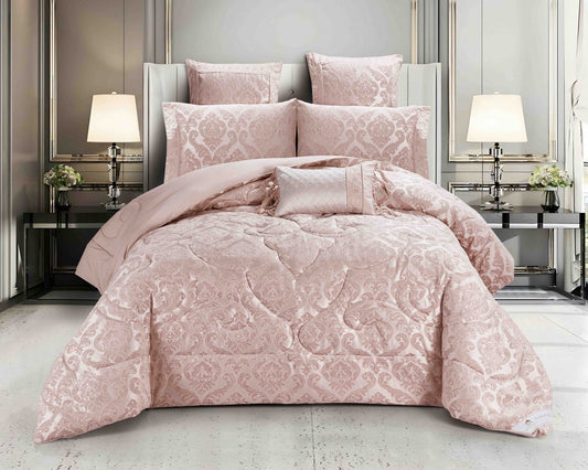 Lenjerie Jacquard Luxury cu Pilota Inclusa, Cearceaf pat cu Elastic, 7 piese, Roz Deschis
